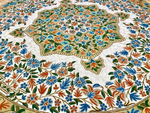 インドアンティーク刺繍敷物イエロー インド カシミール手刺繍特大シルクウール ラウンド ラグ