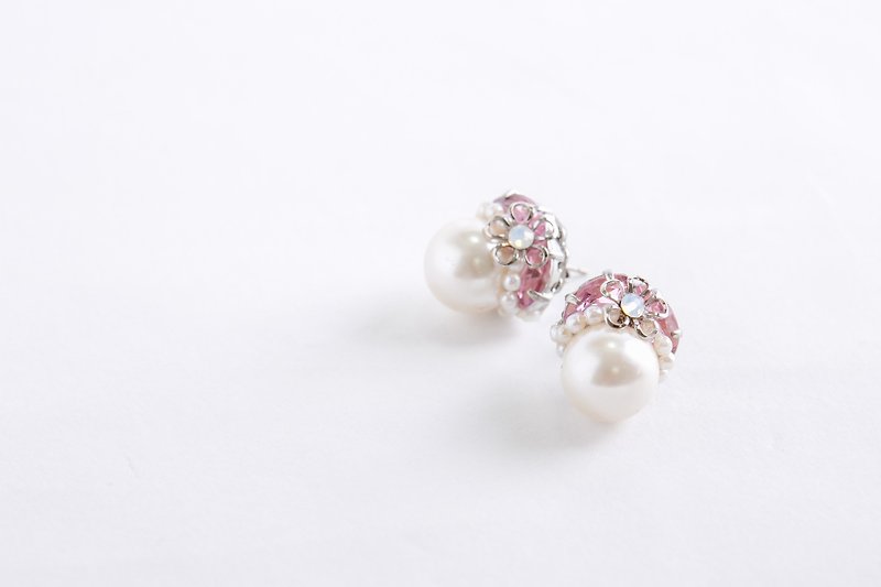12mm1 grain Pearl & Bijou of elegant earrings (earrings) pink - ต่างหู - โลหะ สึชมพู