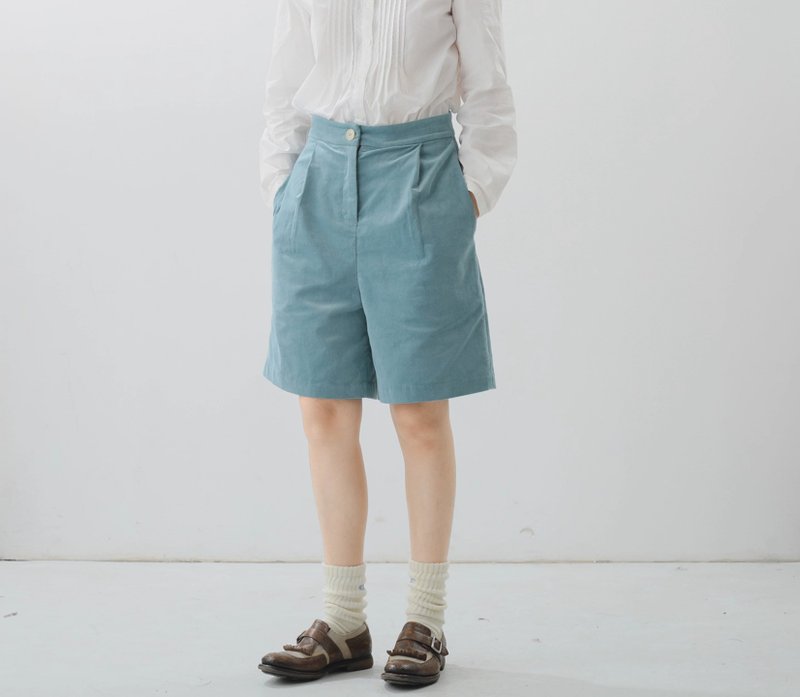 【少年感】法式復古/燈芯絨西裝短褲 - 女短褲/五分褲 - 棉．麻 藍色