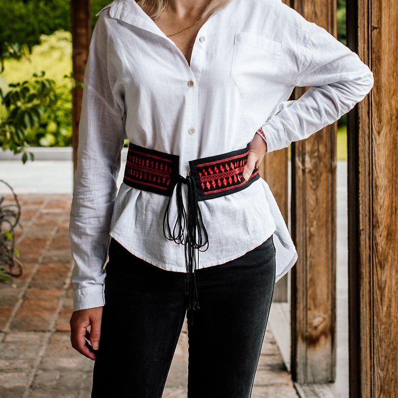 Handmade linen obi-belt (wrap belt, sash) 'Red&Black' - 腰帶/皮帶 - 環保材質 紅色