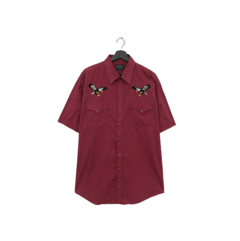 Back to Green-刺繡短袖襯衫 暗紅色 老鷹 ss-21// vintage shirt - 男襯衫/休閒襯衫 - 棉．麻 