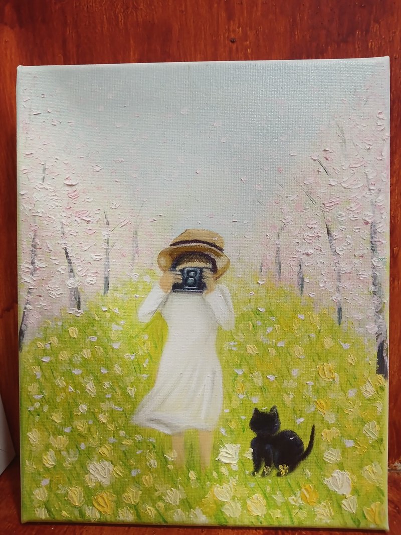 oil painting on canvas little girl with black cat series - 壁貼/牆壁裝飾 - 棉．麻 