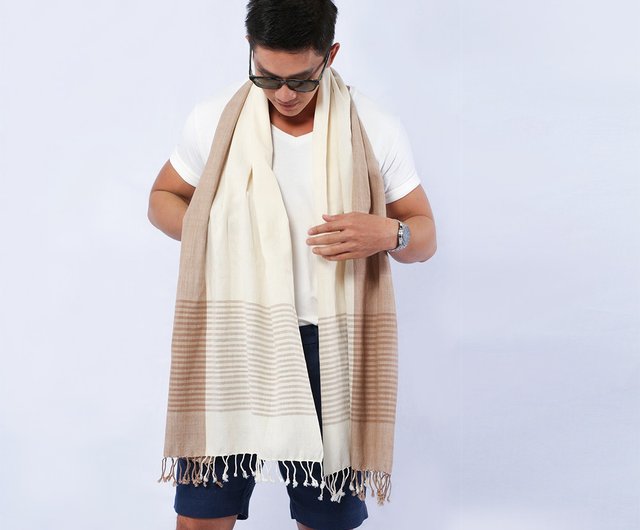 Buy Handwoven Cotton Scarf in Natural Stripe Light Brown