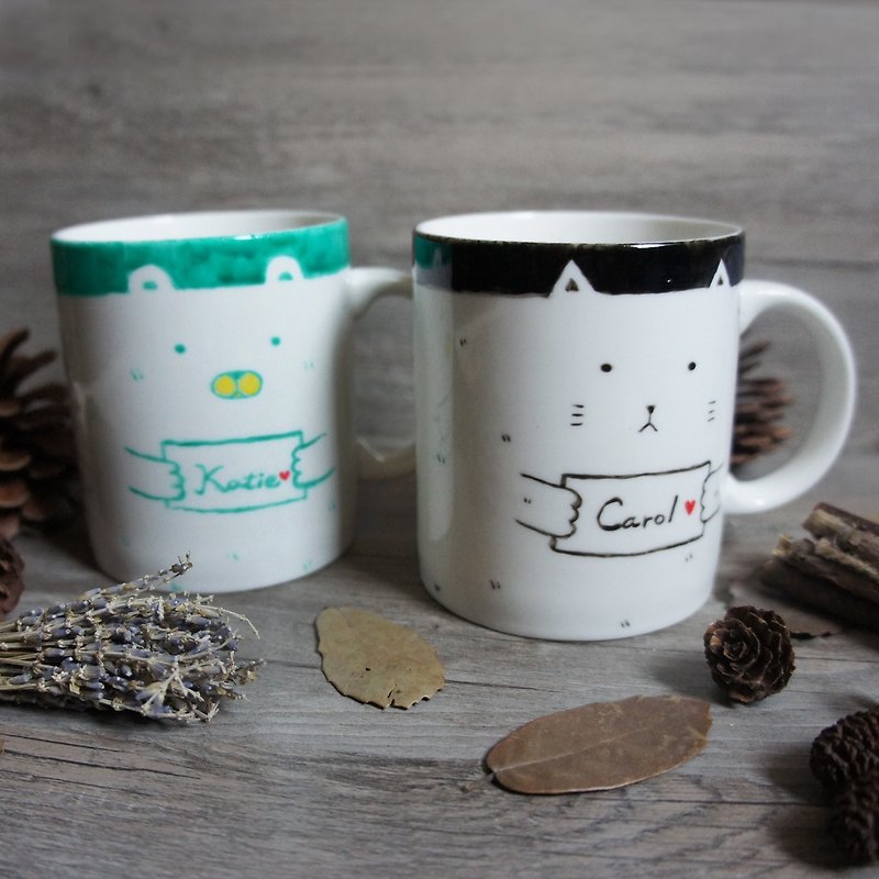 Unique & Handmade / customized / cat Bear _ hand-painted mugs (free guest book English name) - Mugs - Porcelain 