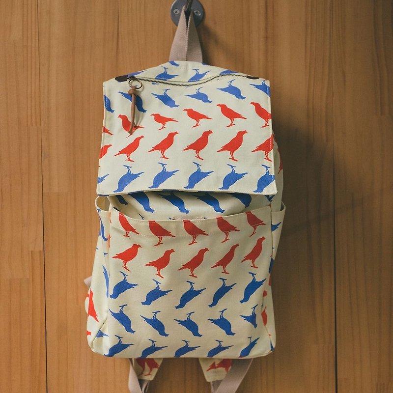 Holiday Backpack / Crested Myna No.5 / Red & Blue - Backpacks - Cotton & Hemp Yellow
