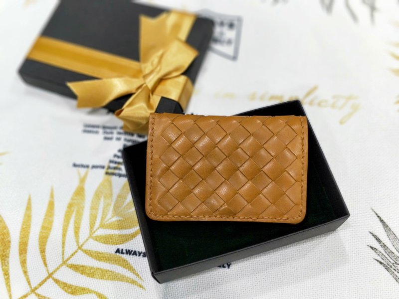 **Customization**Leather woven business card holder/handmade gift customization/laser engraving/hand-stitched leather - ที่เก็บนามบัตร - หนังแท้ สีเหลือง