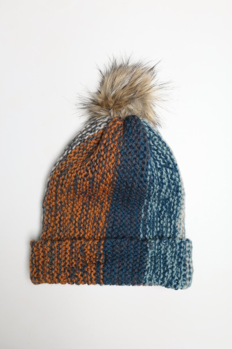 /百變精品/藍黃直條紋雜線毛帽細軟美麗諾純羊毛帽/手工編織藝術 - 帽子 - 羊毛 藍色