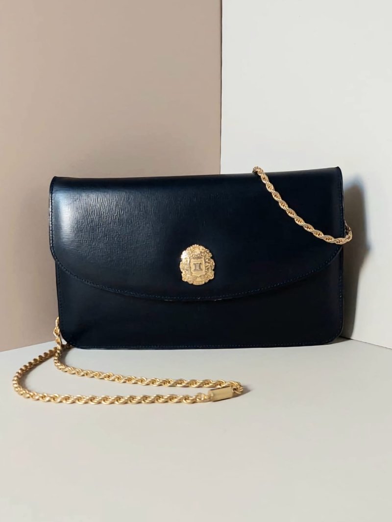 [LA LUNE] Rare second-hand Celine badge blue and gold shoulder handbag cross-body small bag - Messenger Bags & Sling Bags - Genuine Leather Blue