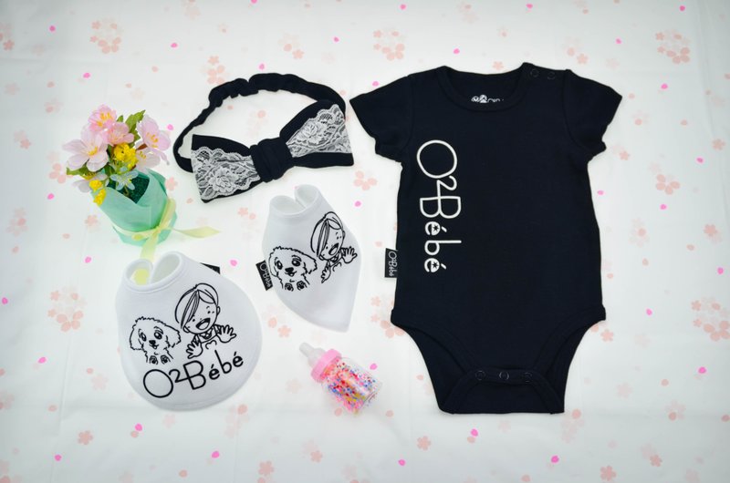 嬰兒 包屁衣 配件組 - 文字(黑) - 小公主 彌月禮盒 - 髮帶 圍兜 - 包屁衣/連身衣 - 棉．麻 白色