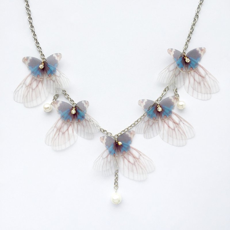 [❤️ any two 10%! ] Silk butterfly pearl necklace diamond necklace silk organza butterfly necklace pearl necklace flower necklace - สร้อยคอ - วัสดุอื่นๆ สีน้ำเงิน