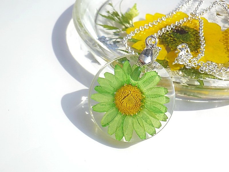 Anny's workshop手作押花飾品，綠色白晶菊項鍊 - 項鍊 - 塑膠 綠色