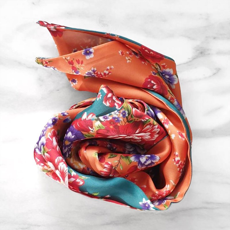 [Mr. Floral Cloth] Taiwan Floral Silk Scarf Gift Box-Dark Green Orange - Scarves - Other Materials Green