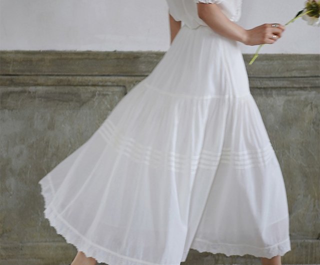 DECEMBER ホワイトスカート ウエストゴム ロングスカート プリーツ加工スカート ウエスト総ゴム 透け感