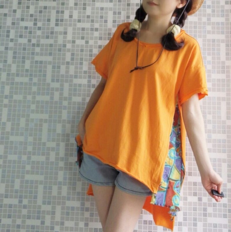{Not} orange trimming clothes folder cloth cotton T-shirt - เสื้อยืดผู้หญิง - ผ้าฝ้าย/ผ้าลินิน สีส้ม