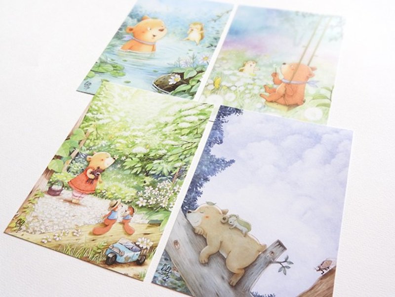 貝果插畫明信片「果果森林－春夏篇」（4張） - 心意卡/卡片 - 紙 