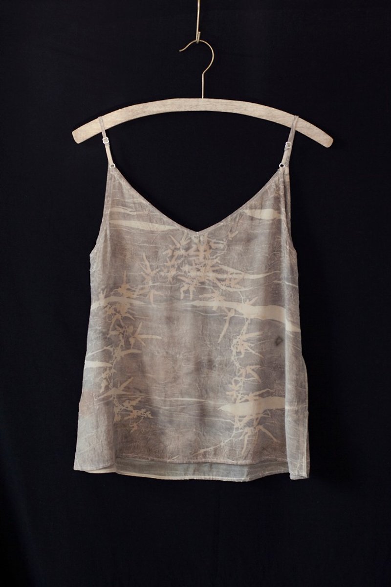 The Withered Ones # 004 Eco Print Silk Spaghetti Straps Top / Made to order - Women's Vests - Plants & Flowers Khaki