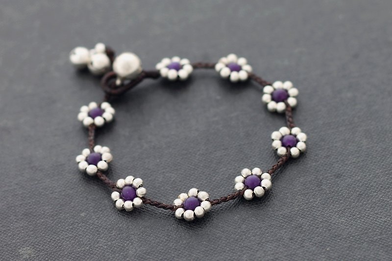 Daisy Amethyst Silver Bracelets Beaded Woven Braided Stone - สร้อยข้อมือ - หิน สีม่วง