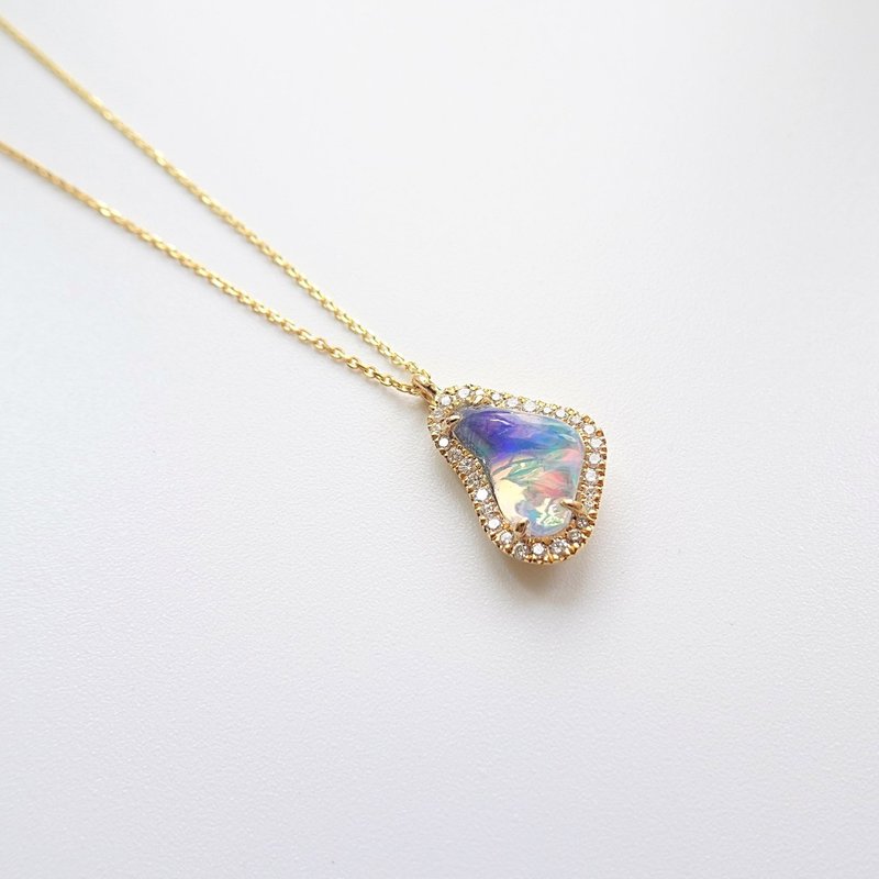 Natural Opal Diamond Halo 18K Solid Yellow Gold Dainty Adjustable Necklace - สร้อยคอ - เครื่องเพชรพลอย สีน้ำเงิน