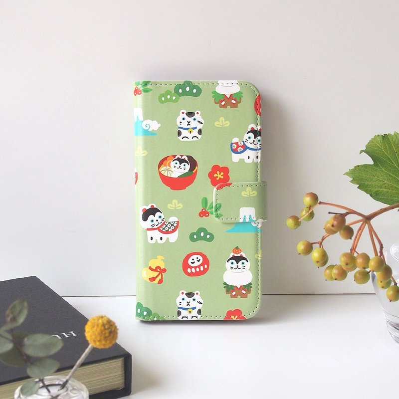 Notebook type phone case - Japanese good luck charms - - เคส/ซองมือถือ - หนังเทียม สีเขียว