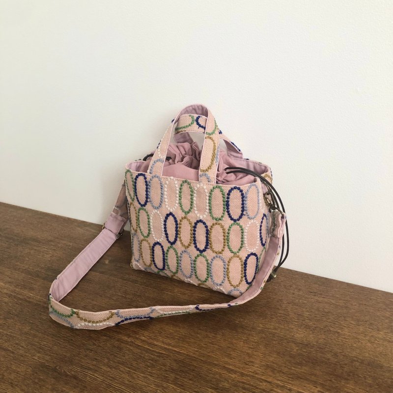 Drawstring bag Mina Perhonen tarte pink handmade - กระเป๋าแมสเซนเจอร์ - ผ้าฝ้าย/ผ้าลินิน สึชมพู