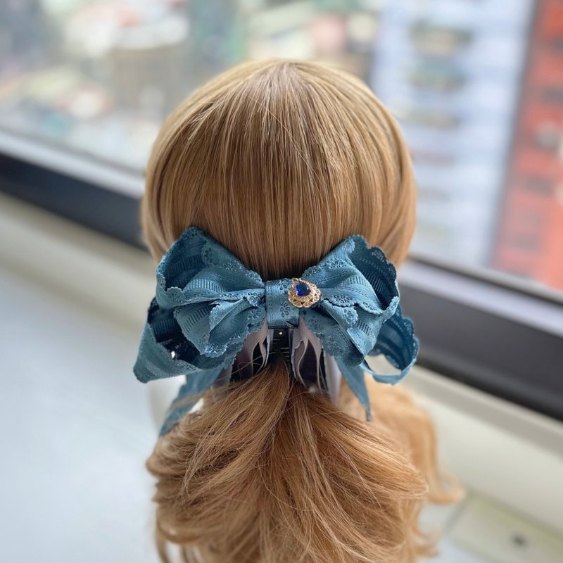 Exclusive mercerized bow intersecting clip banana clip fairy clip hair clip - blue gray - เครื่องประดับผม - วัสดุอื่นๆ สีน้ำเงิน