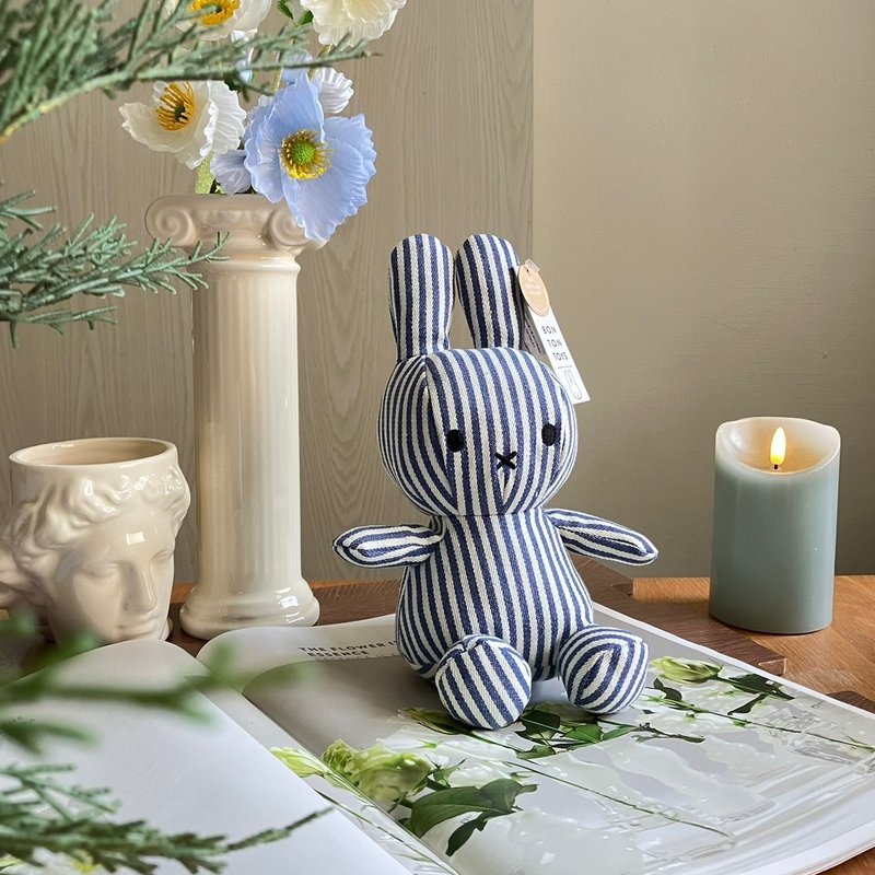 BON TON TOYS Miffy Rabbit Stuffed Doll 23CM-Striped Washed Denim - ตุ๊กตา - ผ้าฝ้าย/ผ้าลินิน สีน้ำเงิน