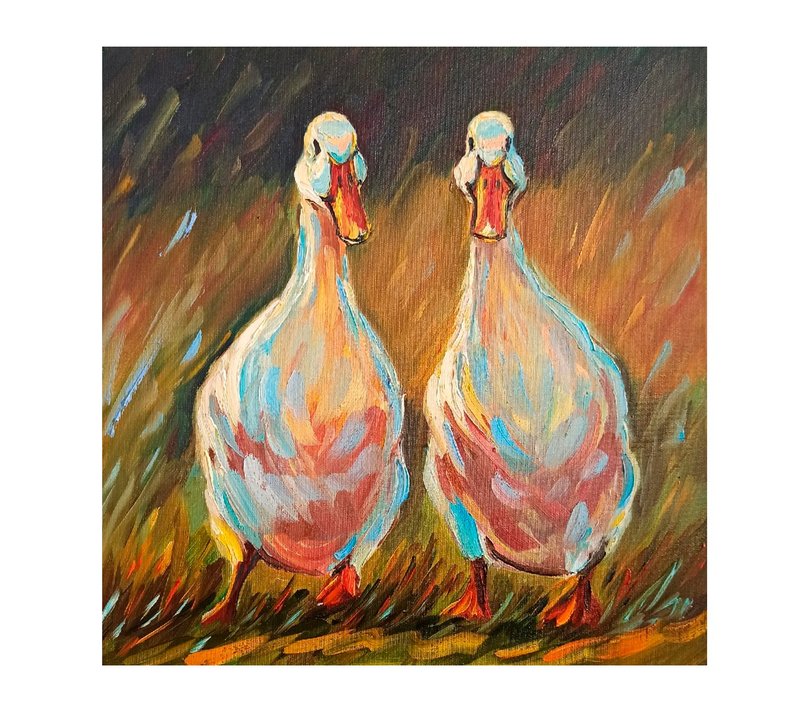 Duck Oil Painting Original Art Bird Artwork Animal Wall Art - โปสเตอร์ - ผ้าฝ้าย/ผ้าลินิน สีส้ม