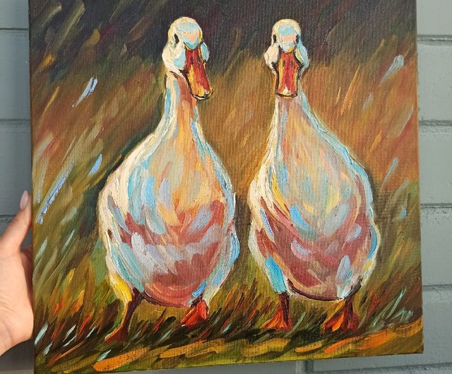 アヒルの油絵 オリジナルアート鳥のアートワーク 動物 ウォール