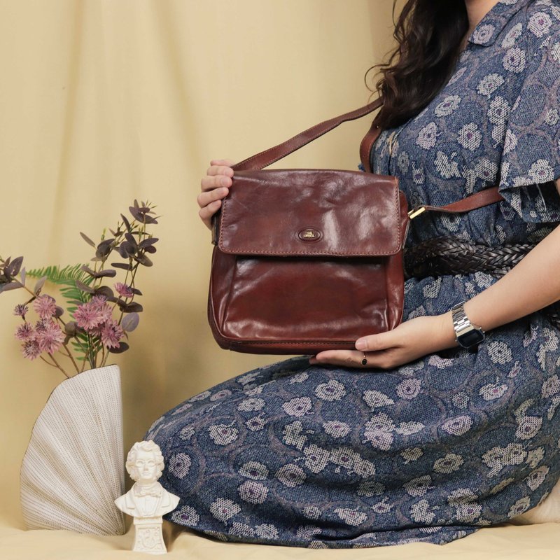 THE BRIDGE古董包A04 棕色 側背包 真皮 黃銅【Tsubasa.Y古著屋】 - 側背包/斜背包 - 真皮 咖啡色