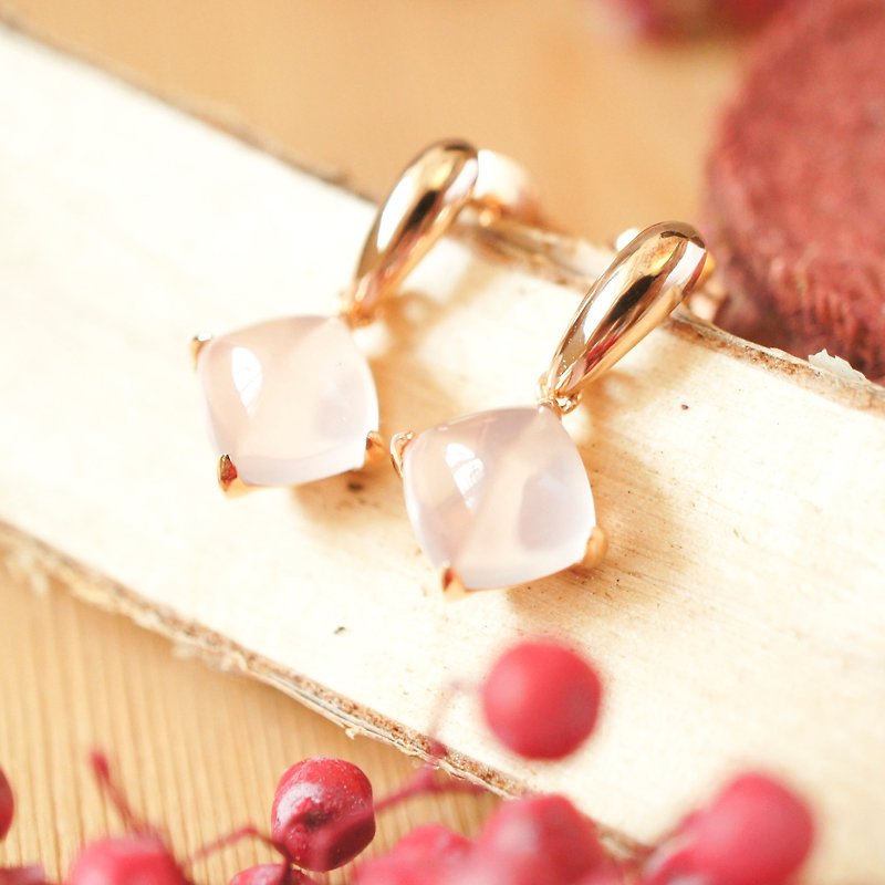 EMPATHY - 8mm Pyramid Cut Rose Quartz 18K Rose Gold Plated Silver Dangling Earring Stud - Earrings & Clip-ons - Gemstone Pink
