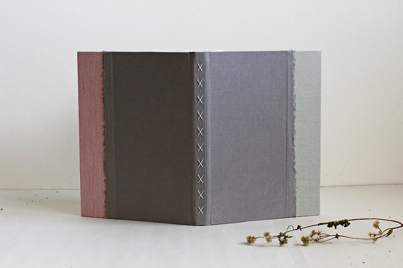 Hand Bound Notebook - Long Stitch binding, pink & light gray & pale green - สมุดบันทึก/สมุดปฏิทิน - กระดาษ สีเทา