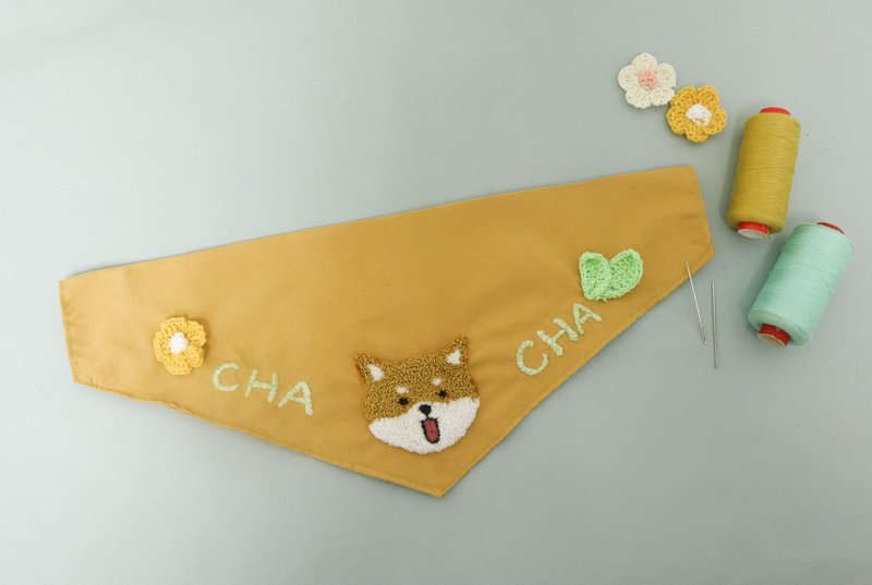 客製化刺繡狗狗名字圍巾 | 柴犬, 黃色 - 寵物衣服 - 繡線 黃色