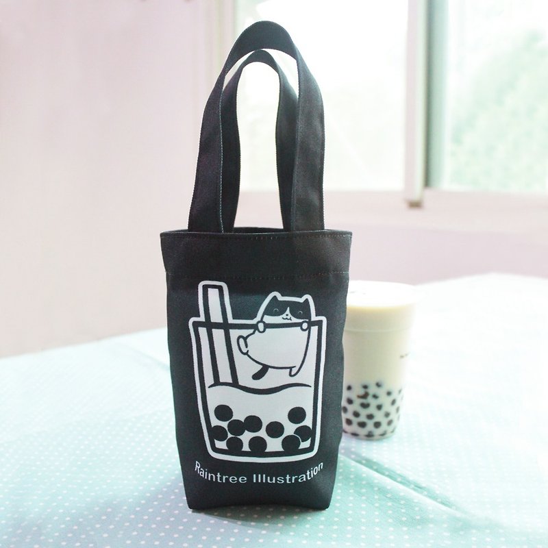 Chubby cat love Zhen milk anti-splash cloth drink bag universal small bag black - ถุงใส่กระติกนำ้ - วัสดุกันนำ้ สีดำ