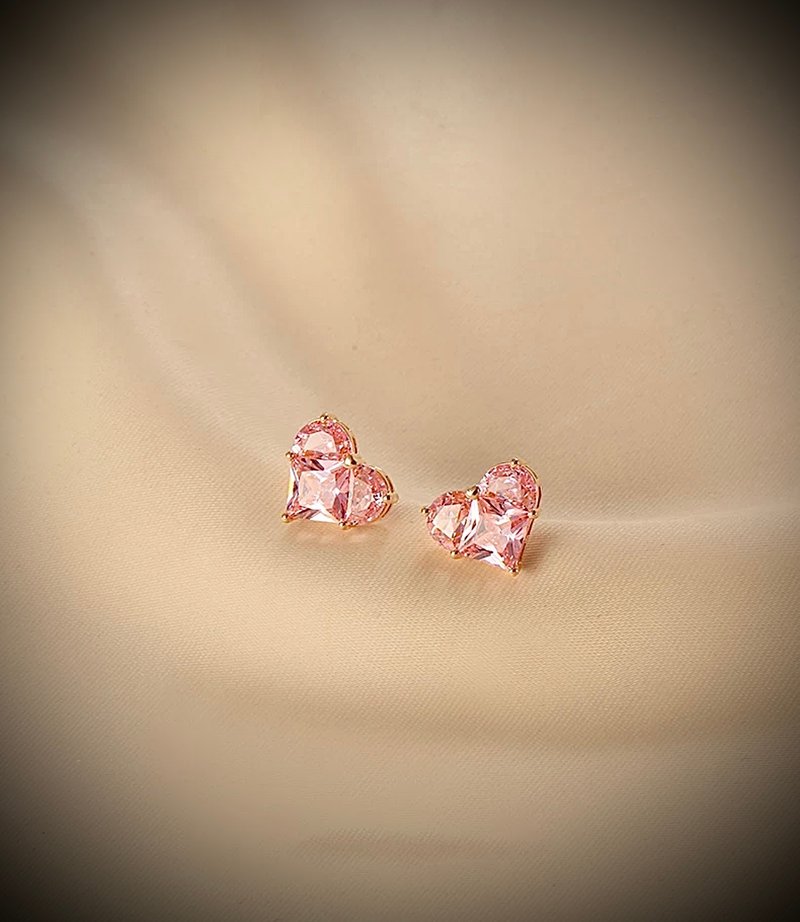 C&W s925 sterling silver 14k gold cute and sweet Stone surging little pink love temperament earrings and Clip-On - ต่างหู - เงินแท้ สีทอง