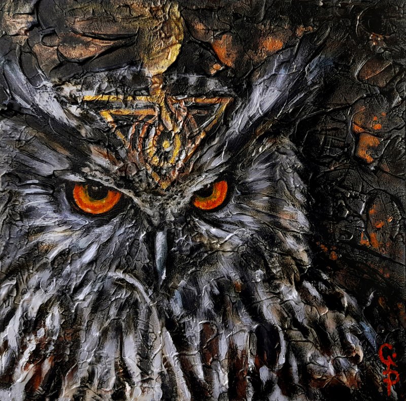 Owl Painting Bird Oil Wall Art Original Magic Gothic Style Artwork Cardboard - Wall Décor - Other Materials Black