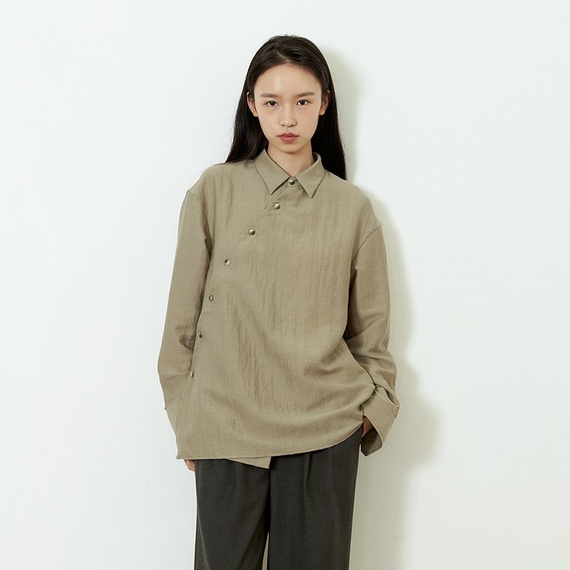 Glossy gray lake green slanted placket multi-button long-sleeved shirt tea service SH210601 - Women's Shirts - Cotton & Hemp Khaki