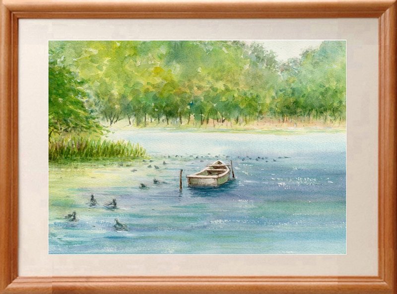 水彩画原画　静寂な池・和船と鴨 - 海報/掛畫/掛布 - 紙 綠色
