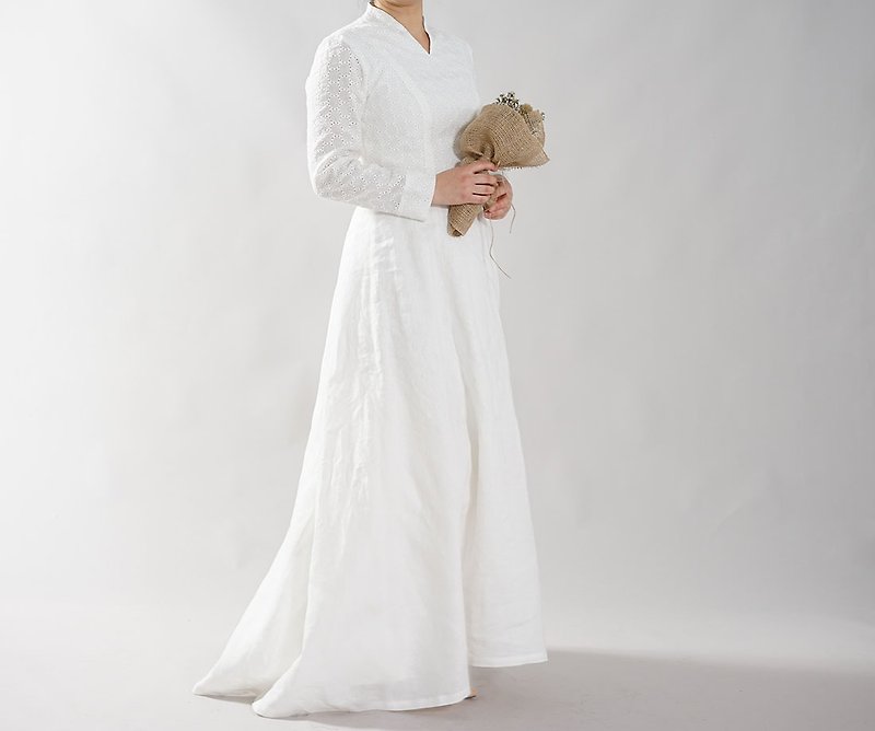 wafu Linen Wedding Dress with a Pannier / White a092a-wht2 - Evening Dresses & Gowns - Cotton & Hemp White