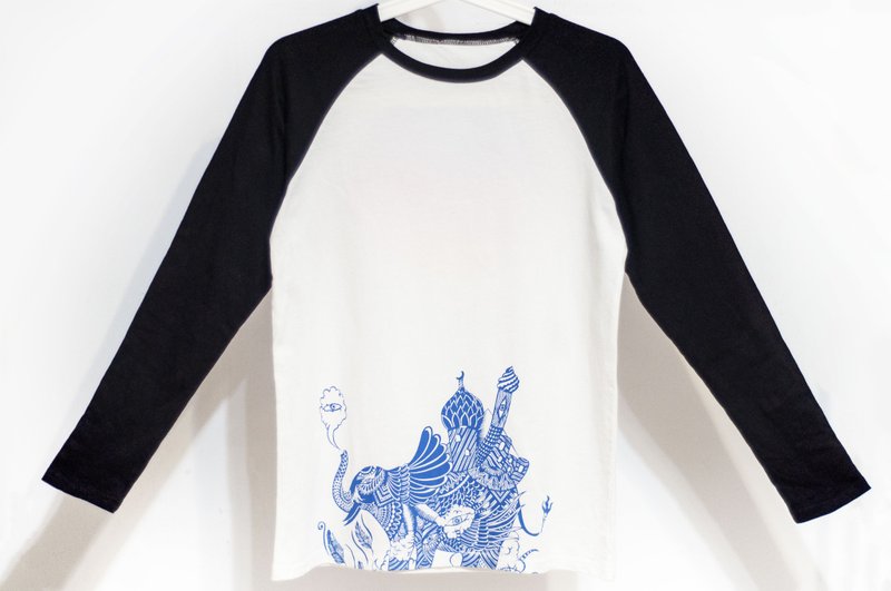 女裝純棉長袖棒球裝上衣 黑白撞色印花T-shirt-印度大象跳舞書本 - 女上衣/長袖上衣 - 棉．麻 多色