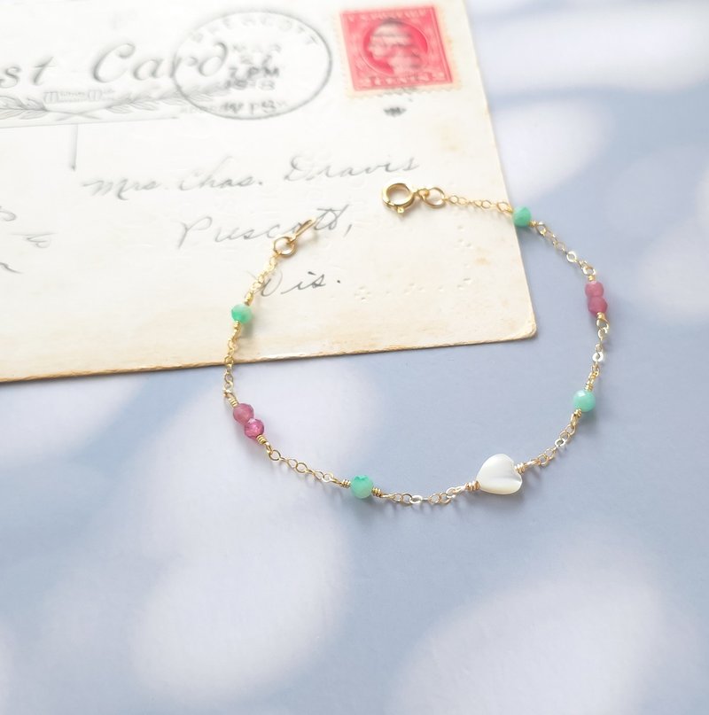 14k gold filled heart emerald pink tourmaline chain bracelet - สร้อยข้อมือ - เครื่องประดับพลอย หลากหลายสี