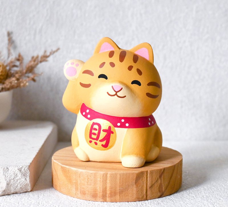 Cat Laifu Lucky Cat Orange Cat Doll Decoration Business Card Holder Handmade Healing Small Wood Carving - ของวางตกแต่ง - ไม้ สีส้ม