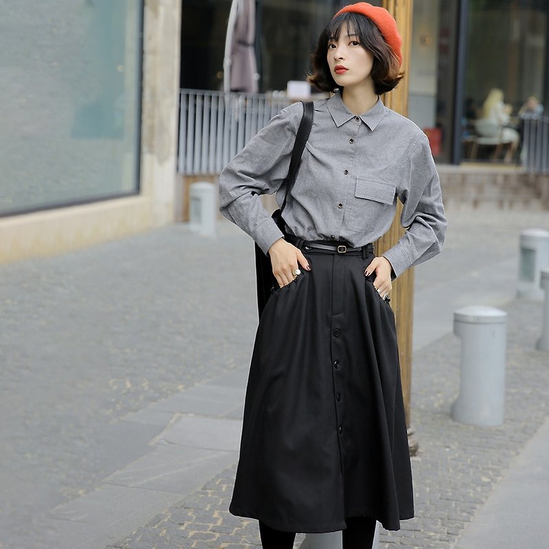 Black wool worsted A-line skirt | skirt | autumn | wool worsted | Sora-355 - กระโปรง - ขนแกะ สีดำ
