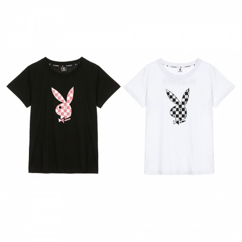 PLAYBOY - 棋盤格LOGO印上衣 22AW - 女 T 恤 - 棉．麻 多色