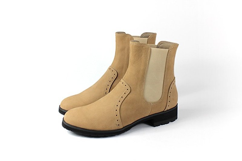 Brown elastic personalized short boots - รองเท้าบูทสั้นผู้หญิง - หนังแท้ สีกากี