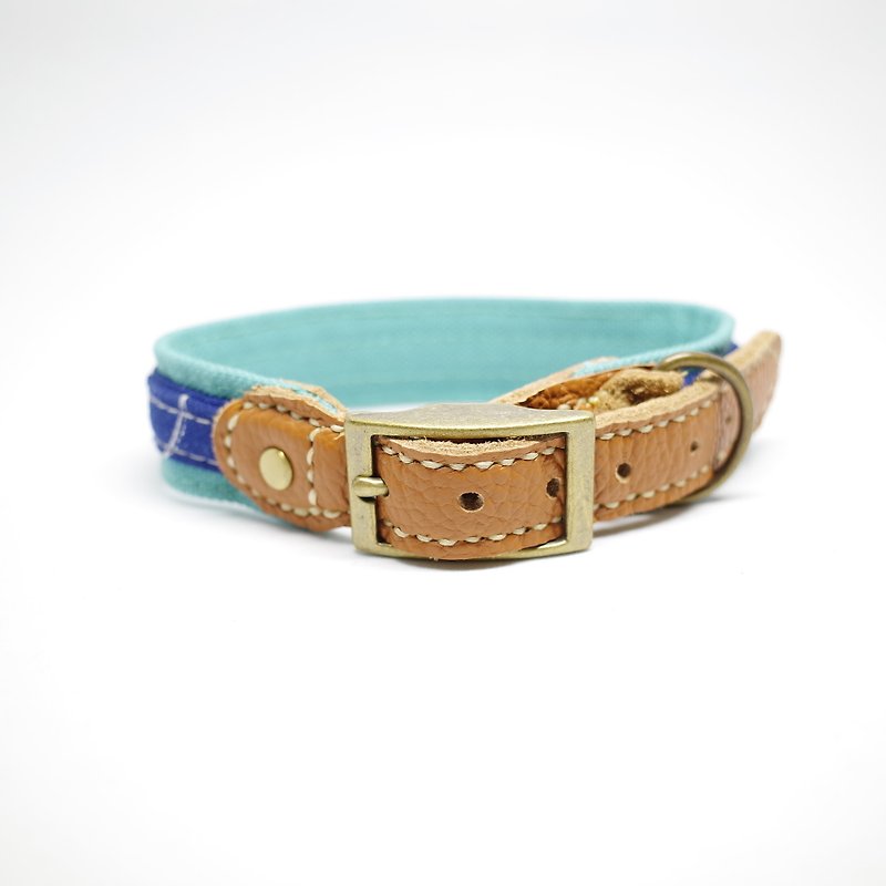 Michupetcollars limited edition handmade dog collar blue flower painted Japanese design fabric + double canvas, with leather to give children the best gift to dog hair exclusive design - ปลอกคอ - ผ้าฝ้าย/ผ้าลินิน สีน้ำเงิน
