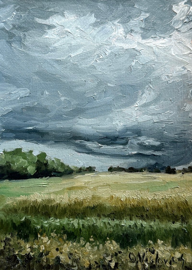 Original Oil Painting Landscape Thunderstorm Artwork Country House Decor 6x8 inc - Wall Décor - Other Materials 