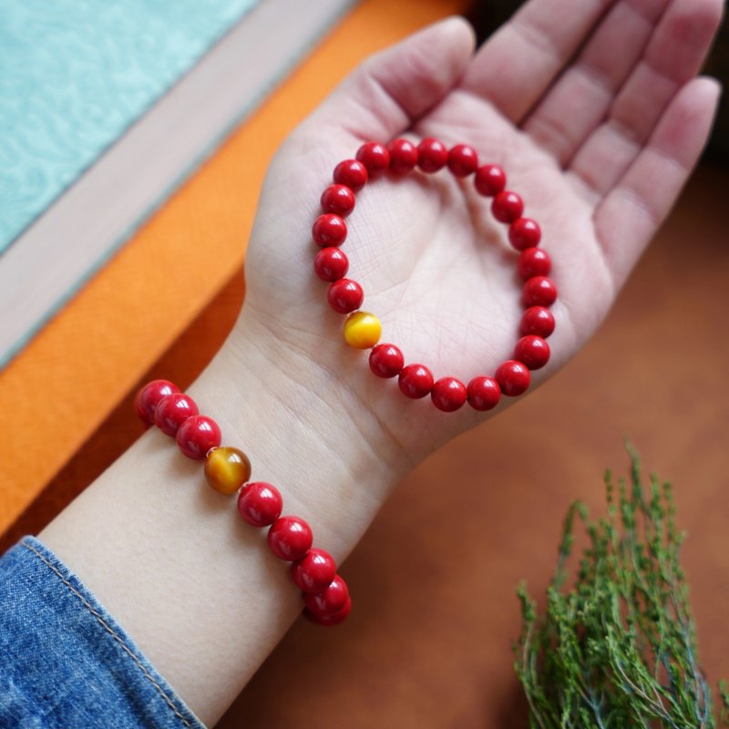 一顆系列硃砂手串 虎眼石 日常搭配 通勤 - 手鍊/手環 - 其他材質 紅色