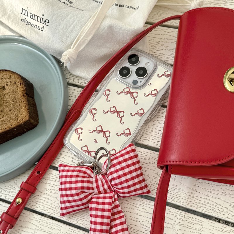 [Hand-painted burgundy small bow (full version)] Wave frame mirror mobile phone case - Phone Cases - Other Materials 