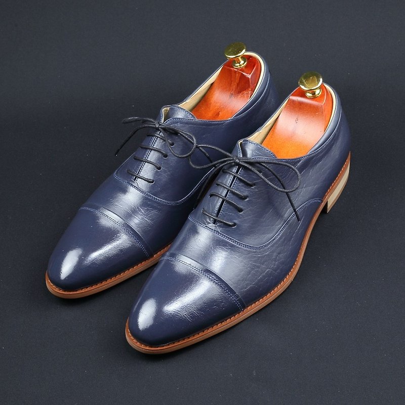 Captoe Classic Crossed Oxford Shoes-Midnight Blue - รองเท้าอ็อกฟอร์ดผู้ชาย - หนังแท้ สีน้ำเงิน