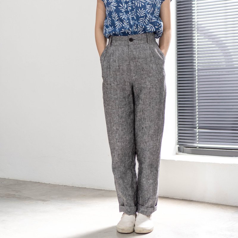 Natural linen High-waist pants with front button - Dark Grey - 女長褲 - 亞麻 灰色